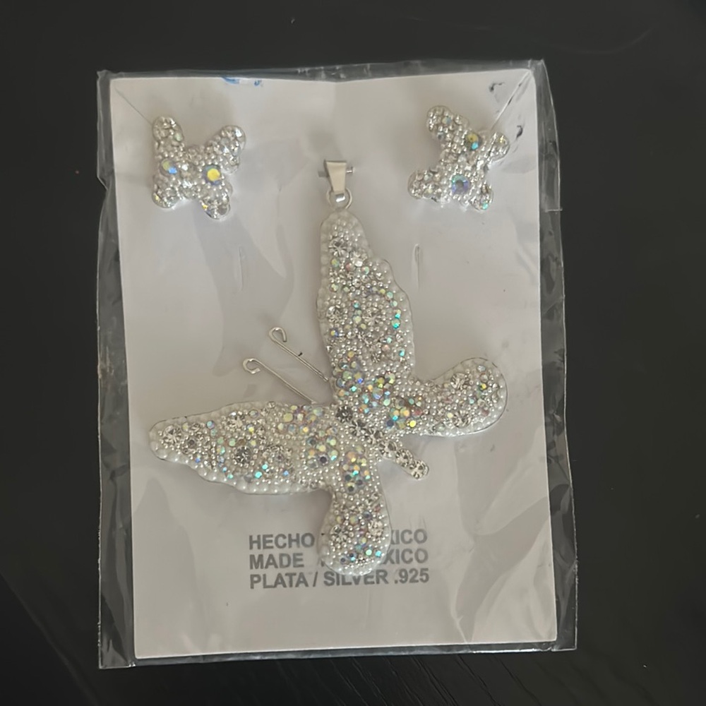 Silver Butterfly Pendant and Earrings Set